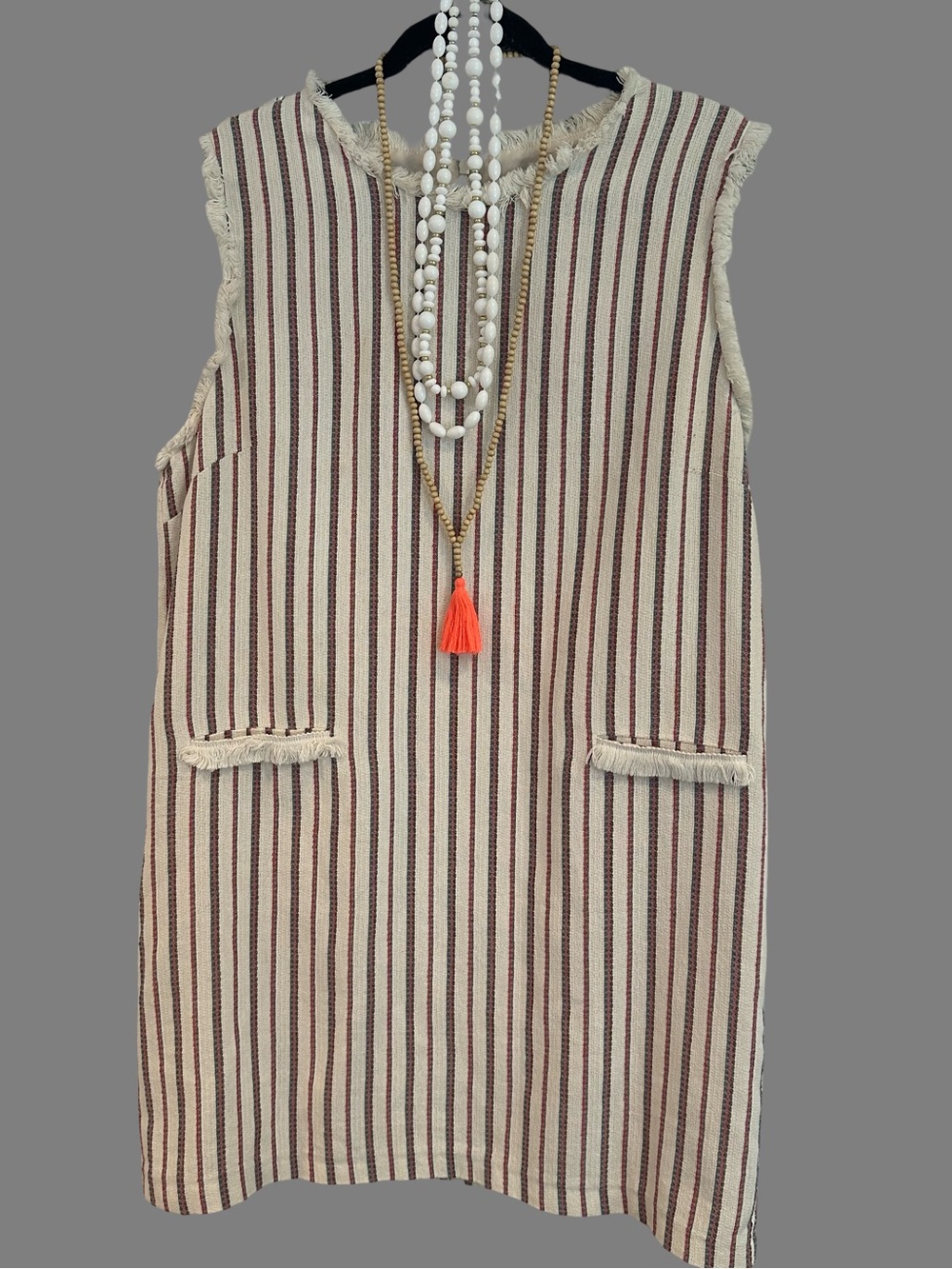 ASOS Seamless Shift Dress Cream and Burgundy Striped Fringe, necklaces Size 14